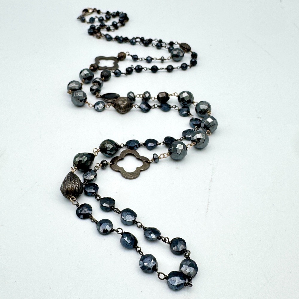 Chan Luu Hematite Necklace Sterling Silver 925 Faceted Stone Long Beaded 37 in